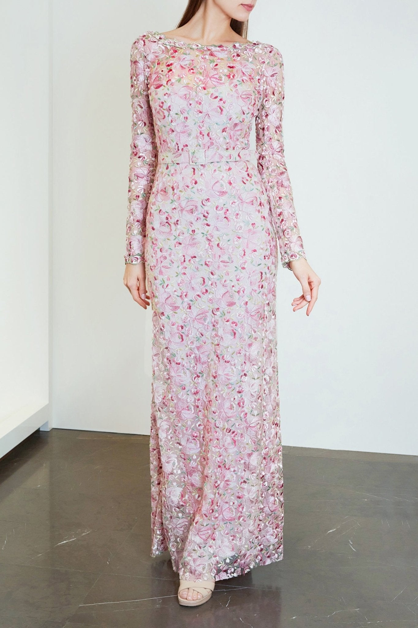 Tulle Embroidered Sheath Maxi Dress - ALBOUSHIYA - district 5 - dubai - riyadh - abaya - dresses - designers - evening wear - luxury - elegance - craftsmanship - gowns - cocktail dresses - collections - georges