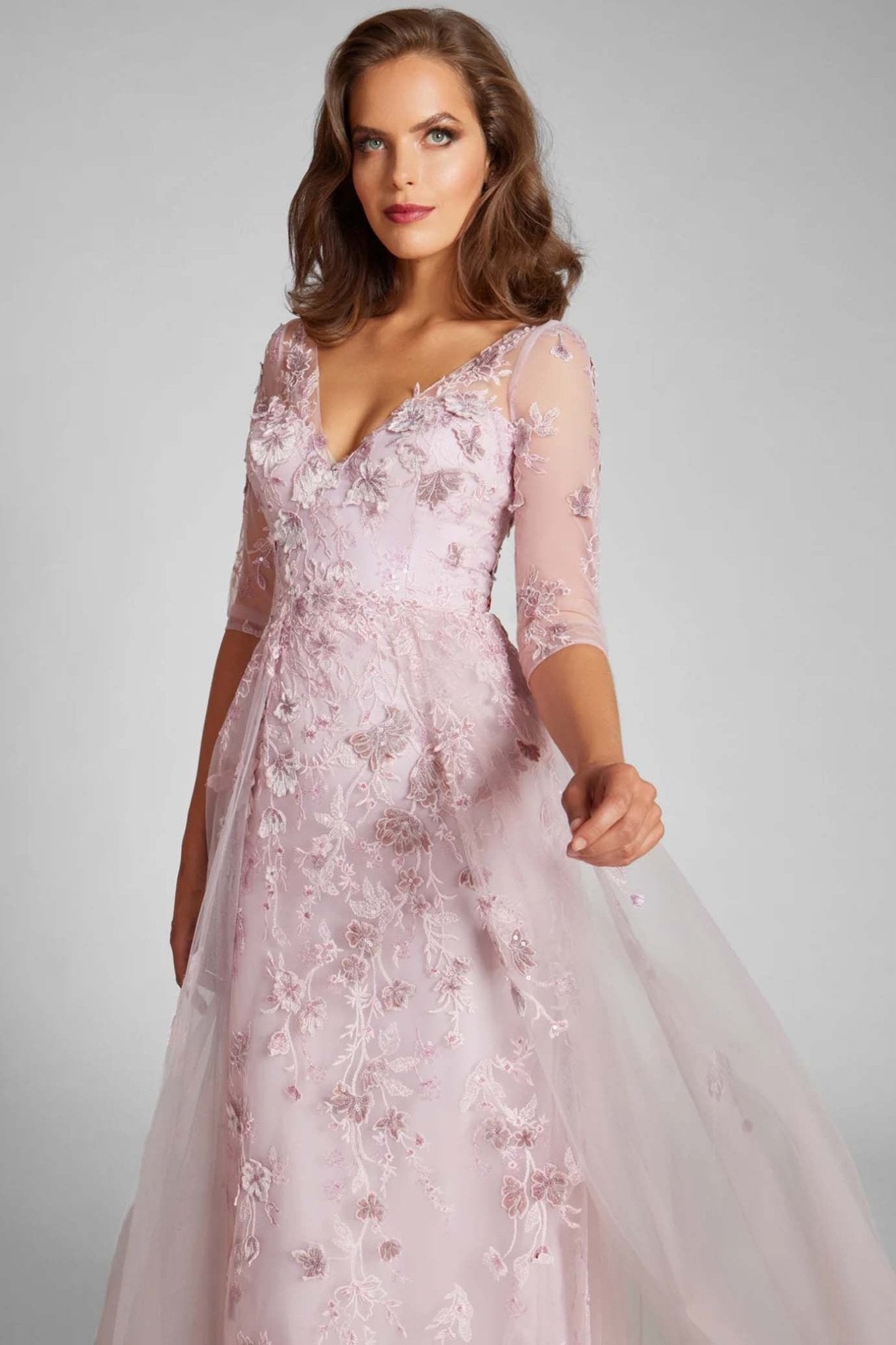 Tulle Velvet Floral Applique Gown - ALBOUSHIYA - district 5 - dubai - riyadh - abaya - dresses - designers - evening wear - luxury - elegance - craftsmanship - gowns - cocktail dresses - collections - georges