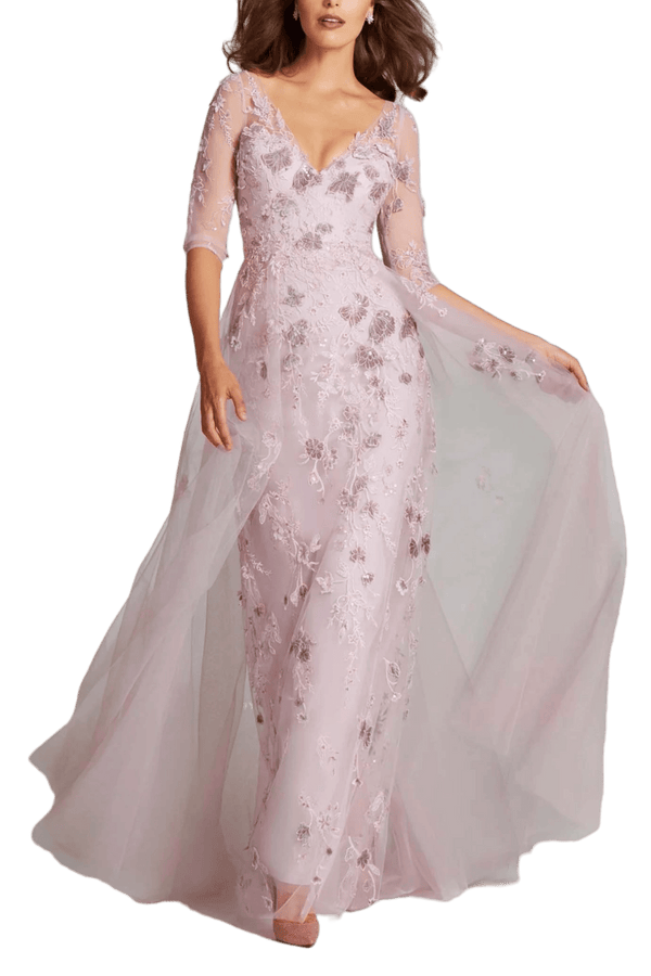 Tulle Velvet Floral Applique Gown - ALBOUSHIYA - district 5 - dubai - riyadh - abaya - dresses - designers - evening wear - luxury - elegance - craftsmanship - gowns - cocktail dresses - collections - georges