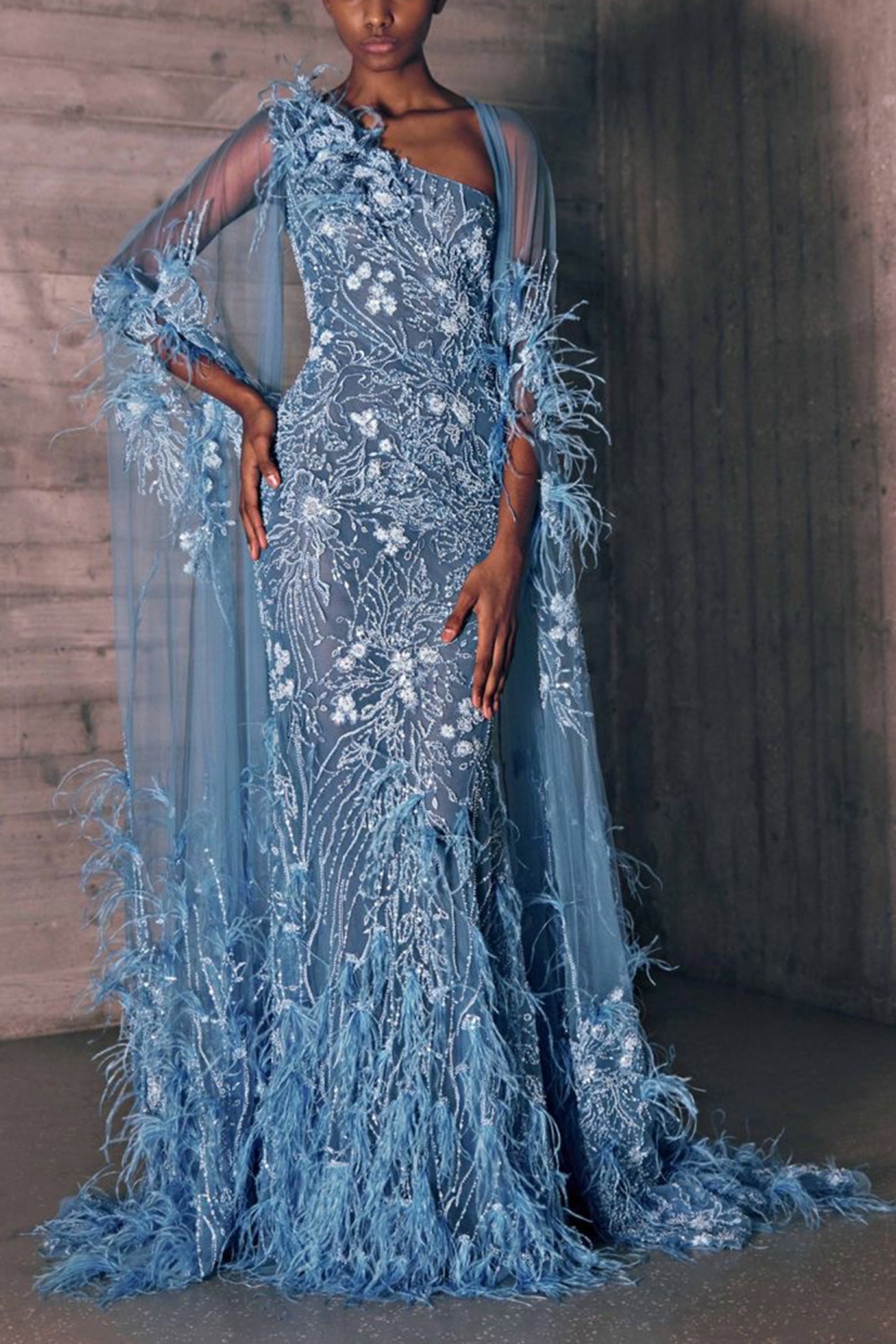 Feathers Embroidered Blue Tulle Dress
