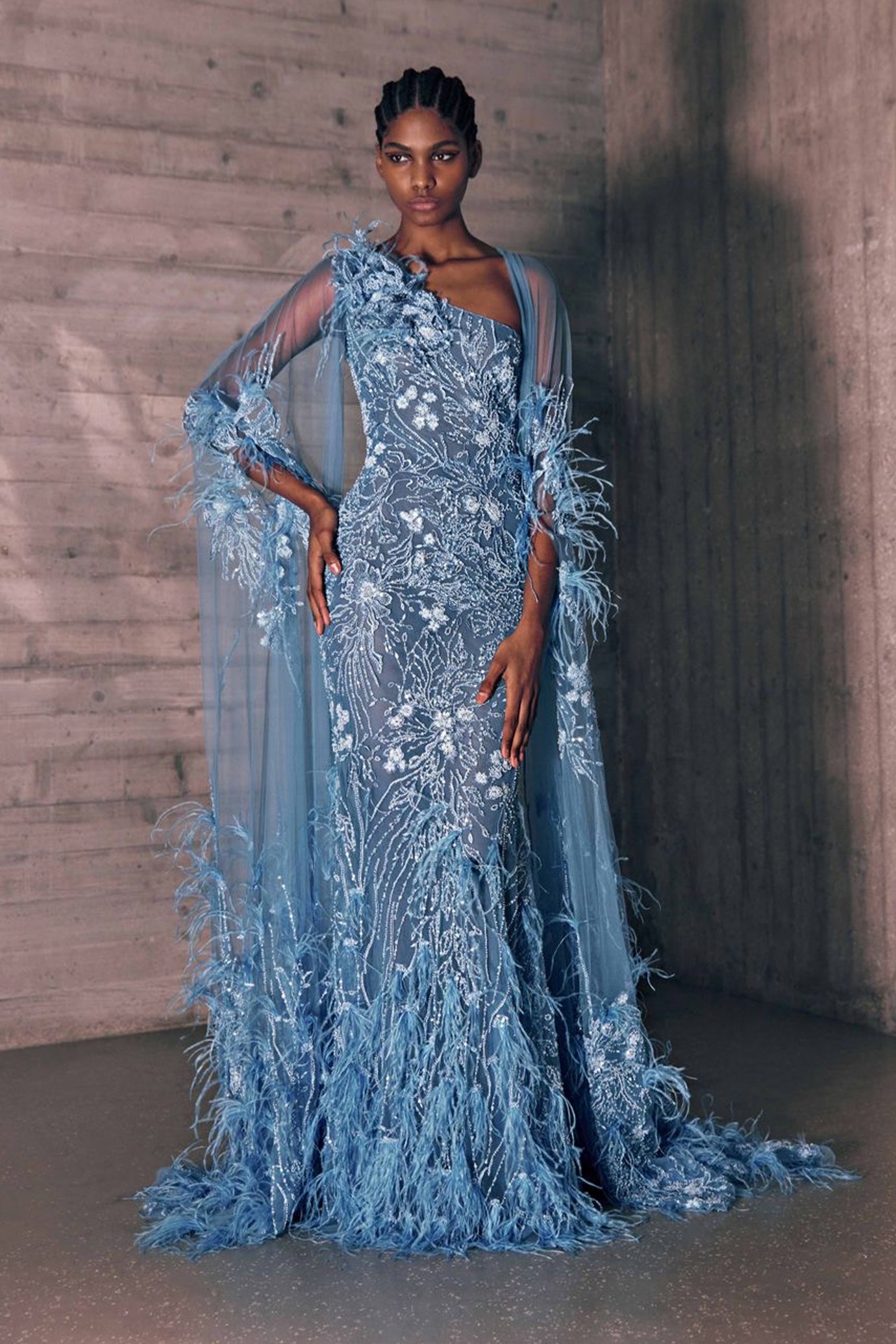 Feathers Embroidered Blue Tulle Dress