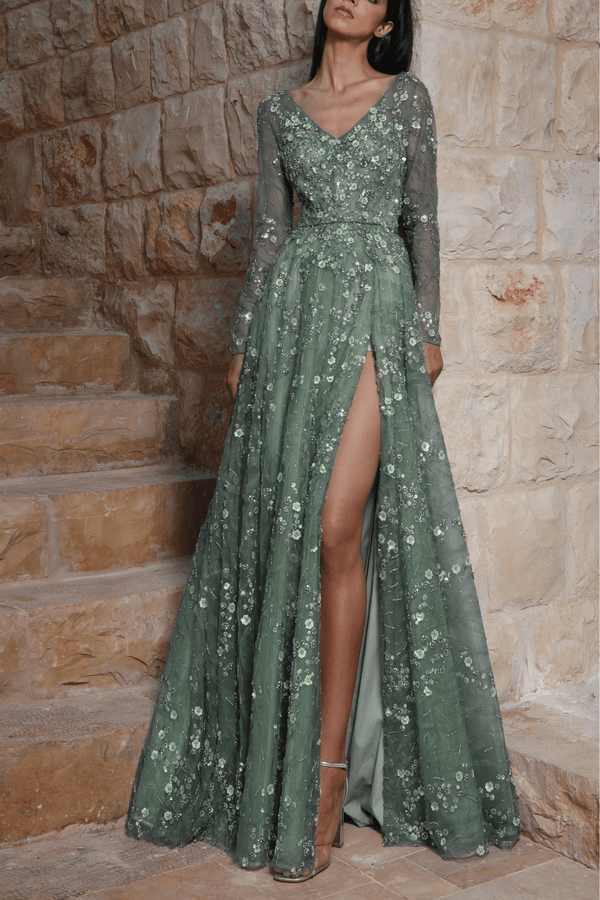 Twilight Full Length Gown with High Slit - ALBOUSHIYA - district 5 - dubai - riyadh - abaya - dresses - designers - evening wear - luxury - elegance - craftsmanship - gowns - cocktail dresses - collections - georges