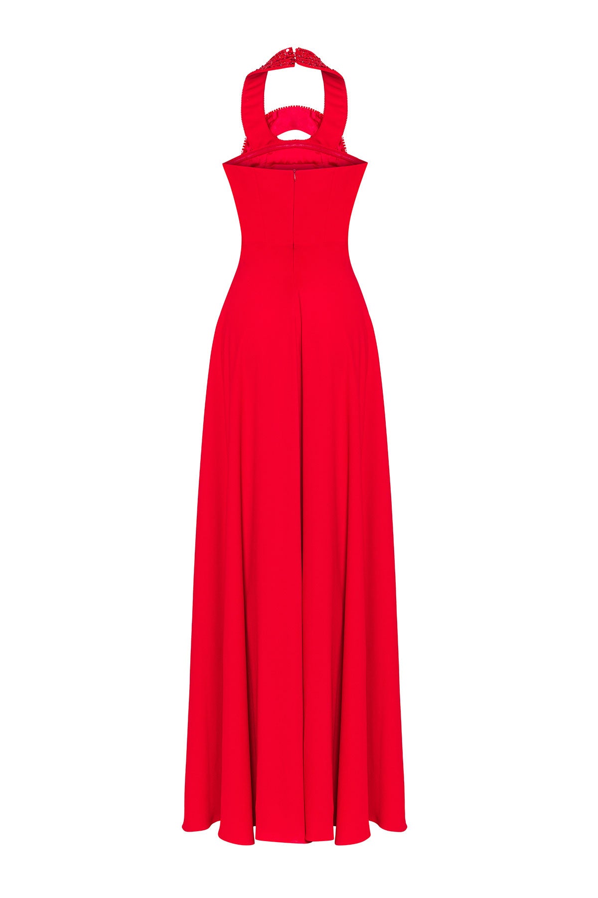 Red Crystals Neckline Flowing Gown