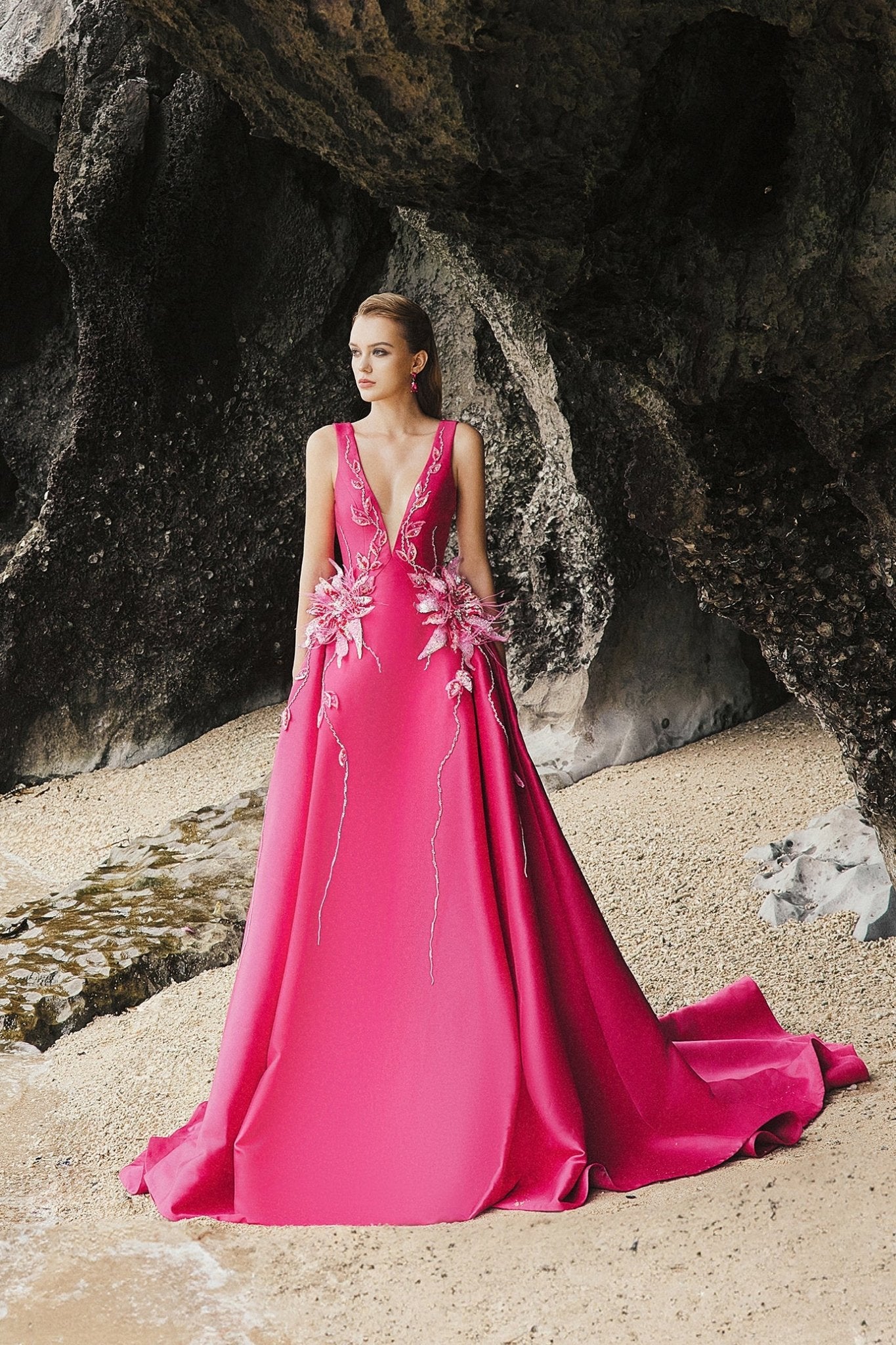V - Neck A line Ball Gown - ALBOUSHIYA - district 5 - dubai - riyadh - abaya - dresses - designers - evening wear - luxury - elegance - craftsmanship - gowns - cocktail dresses - collections - georges