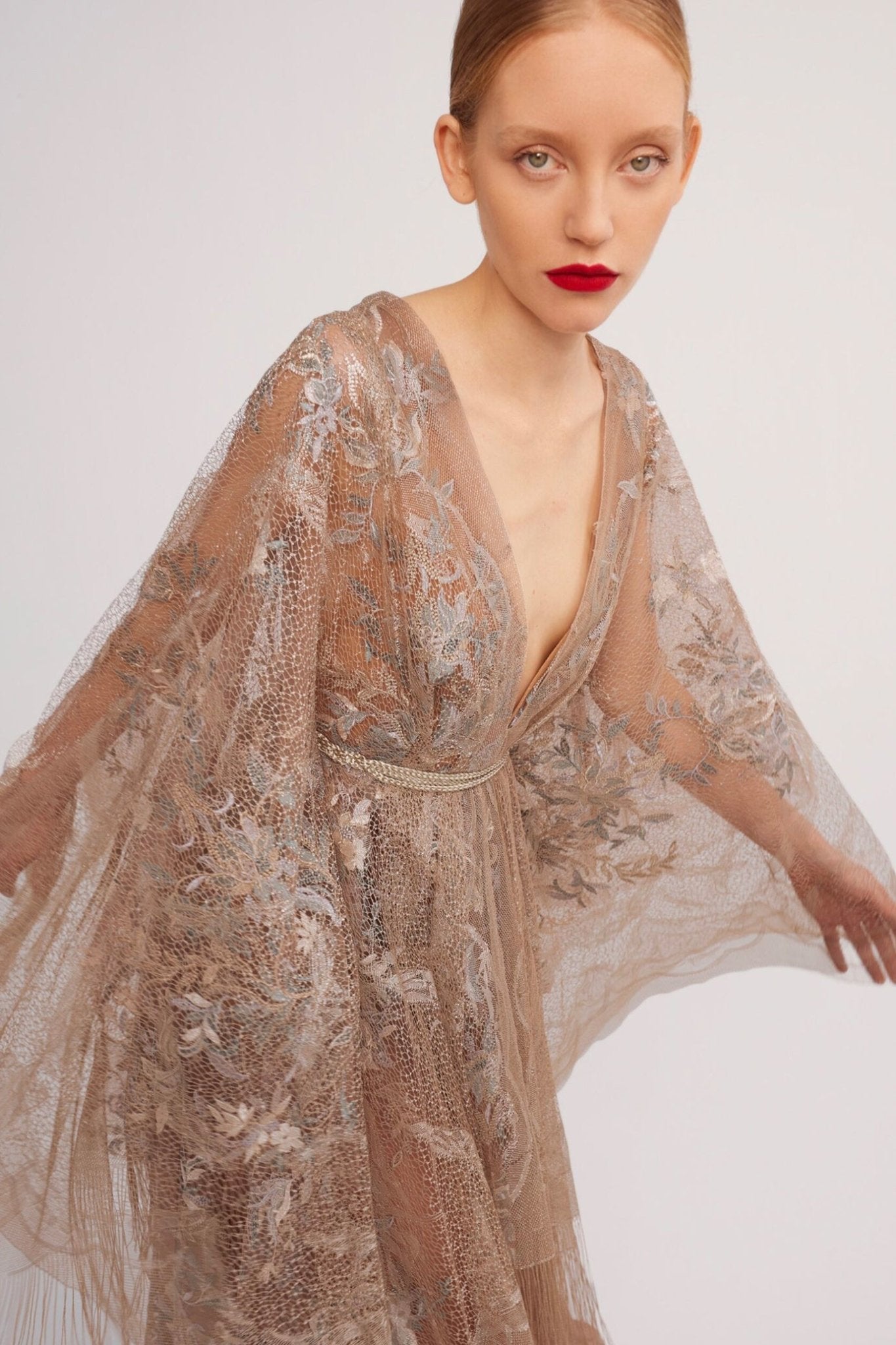 V - Neck A - Line Dress with Kimono Sleeves and Embroidered Floral Detail - ALBOUSHIYA - district 5 - dubai - riyadh - abaya - dresses - designers - evening wear - luxury - elegance - craftsmanship - gowns - cocktail dresses - collections - georges