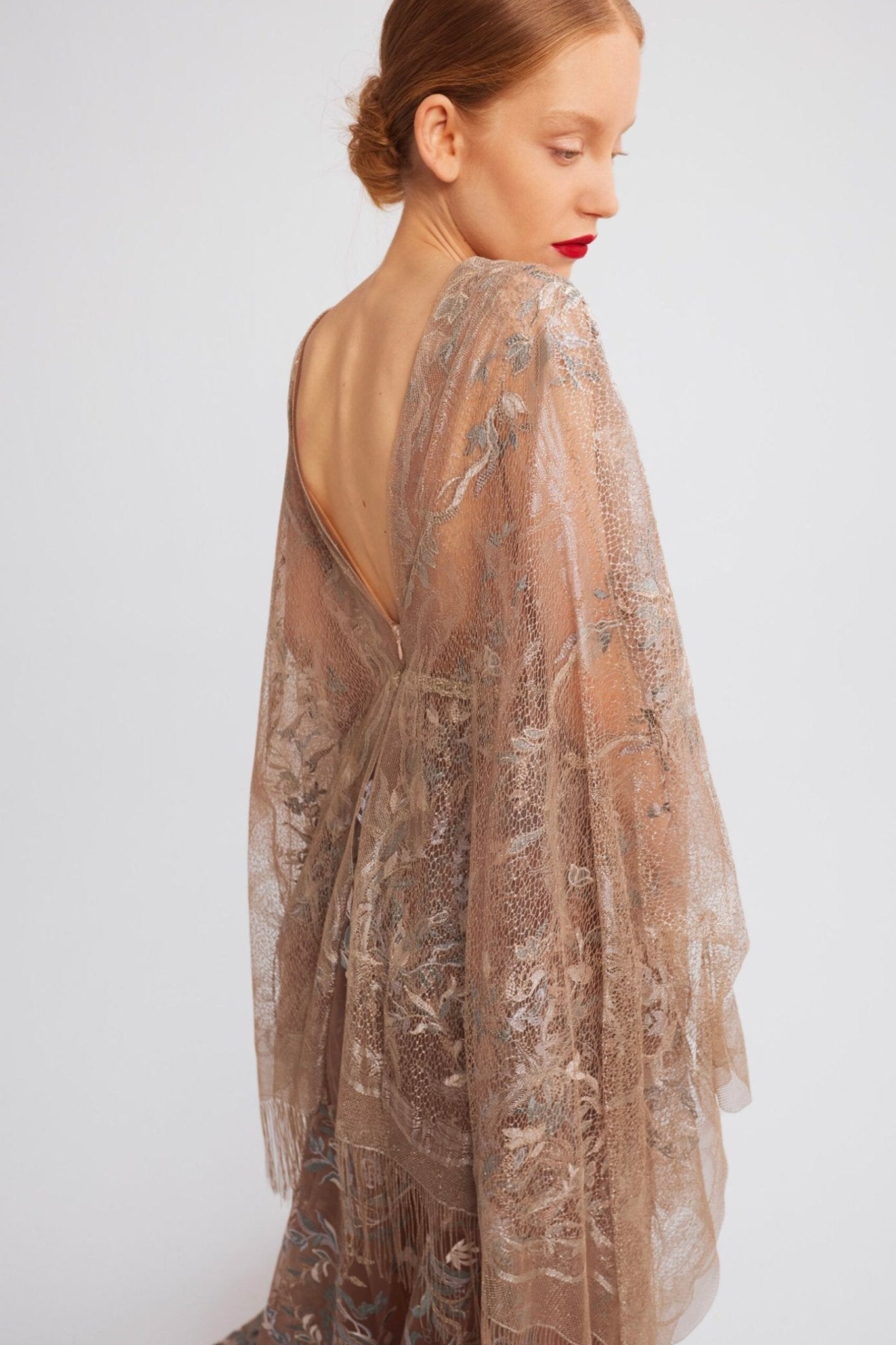 V - Neck A - Line Dress with Kimono Sleeves and Embroidered Floral Detail - ALBOUSHIYA - district 5 - dubai - riyadh - abaya - dresses - designers - evening wear - luxury - elegance - craftsmanship - gowns - cocktail dresses - collections - georges