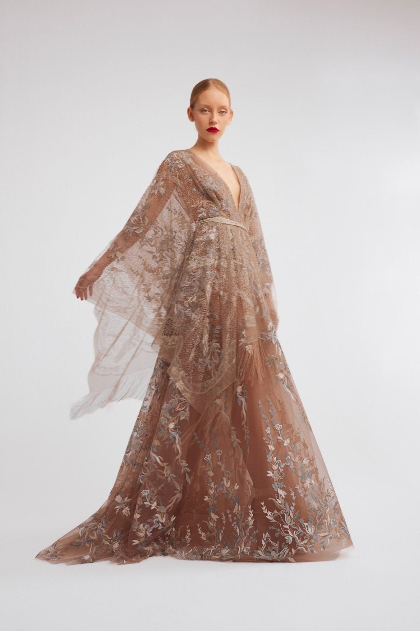 V - Neck A - Line Dress with Kimono Sleeves and Embroidered Floral Detail - ALBOUSHIYA - district 5 - dubai - riyadh - abaya - dresses - designers - evening wear - luxury - elegance - craftsmanship - gowns - cocktail dresses - collections - georges