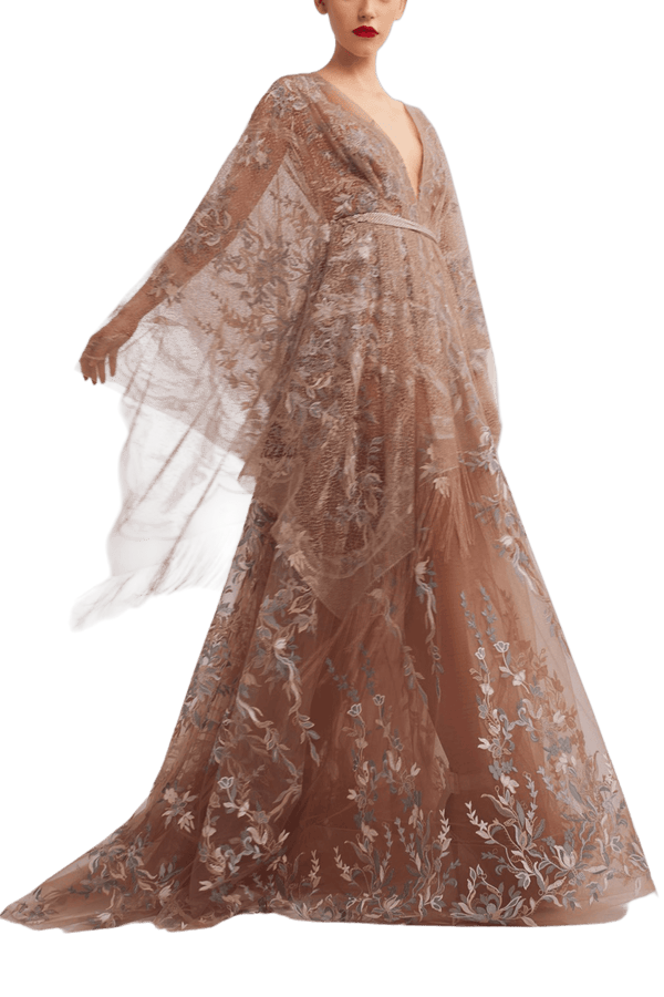 V - Neck A - Line Dress with Kimono Sleeves and Embroidered Floral Detail - ALBOUSHIYA - district 5 - dubai - riyadh - abaya - dresses - designers - evening wear - luxury - elegance - craftsmanship - gowns - cocktail dresses - collections - georges