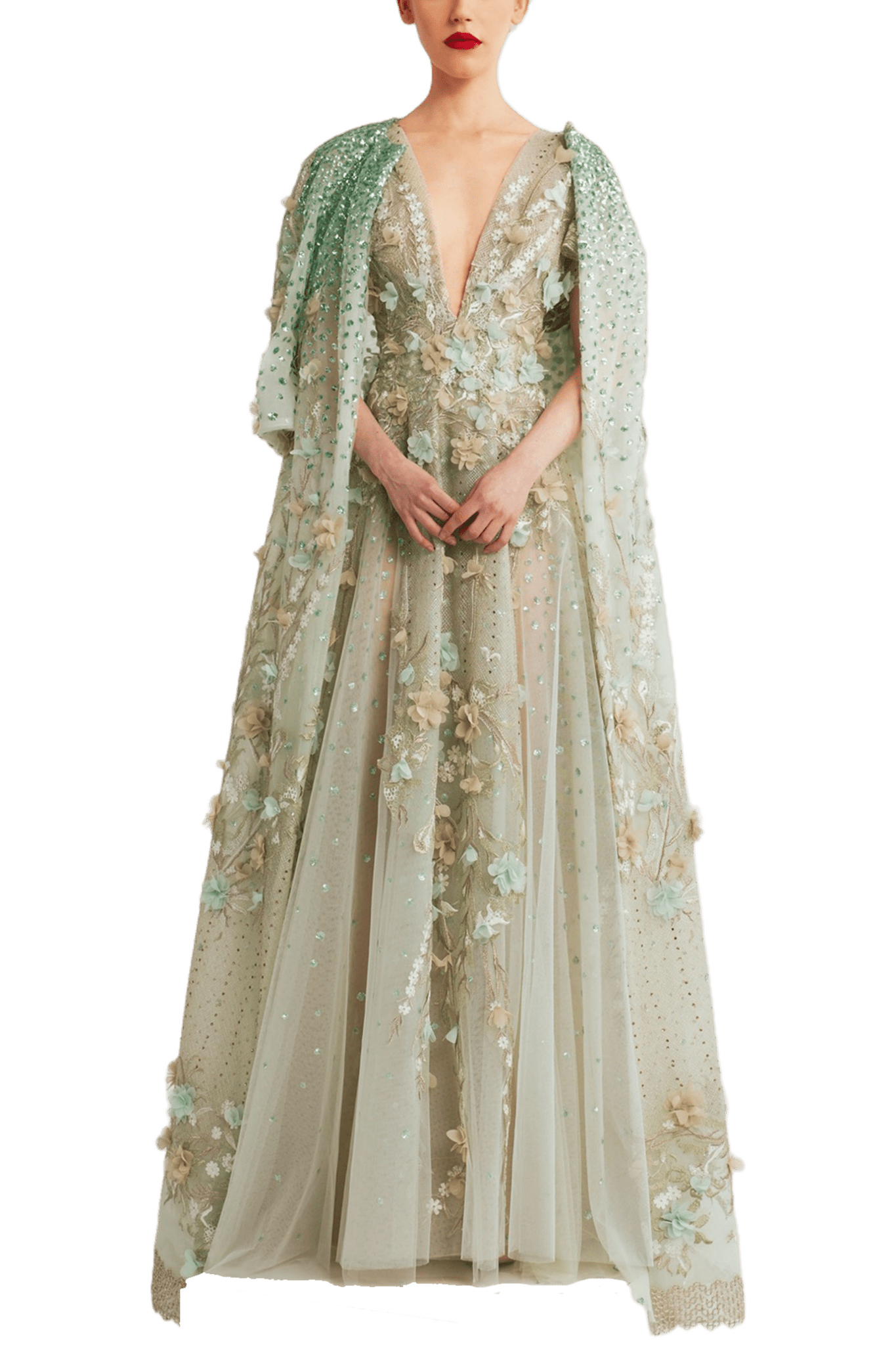 V - Neck Dress with Cape Sleeves and Floral Embellishments - ALBOUSHIYA - district 5 - dubai - riyadh - abaya - dresses - designers - evening wear - luxury - elegance - craftsmanship - gowns - cocktail dresses - collections - georges