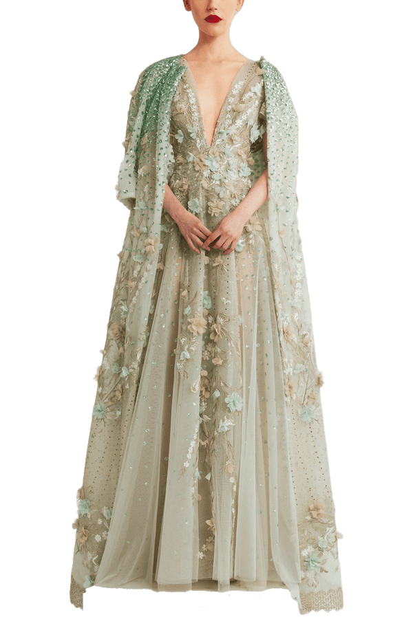 V - Neck Dress with Cape Sleeves and Floral Embellishments - ALBOUSHIYA - district 5 - dubai - riyadh - abaya - dresses - designers - evening wear - luxury - elegance - craftsmanship - gowns - cocktail dresses - collections - georges