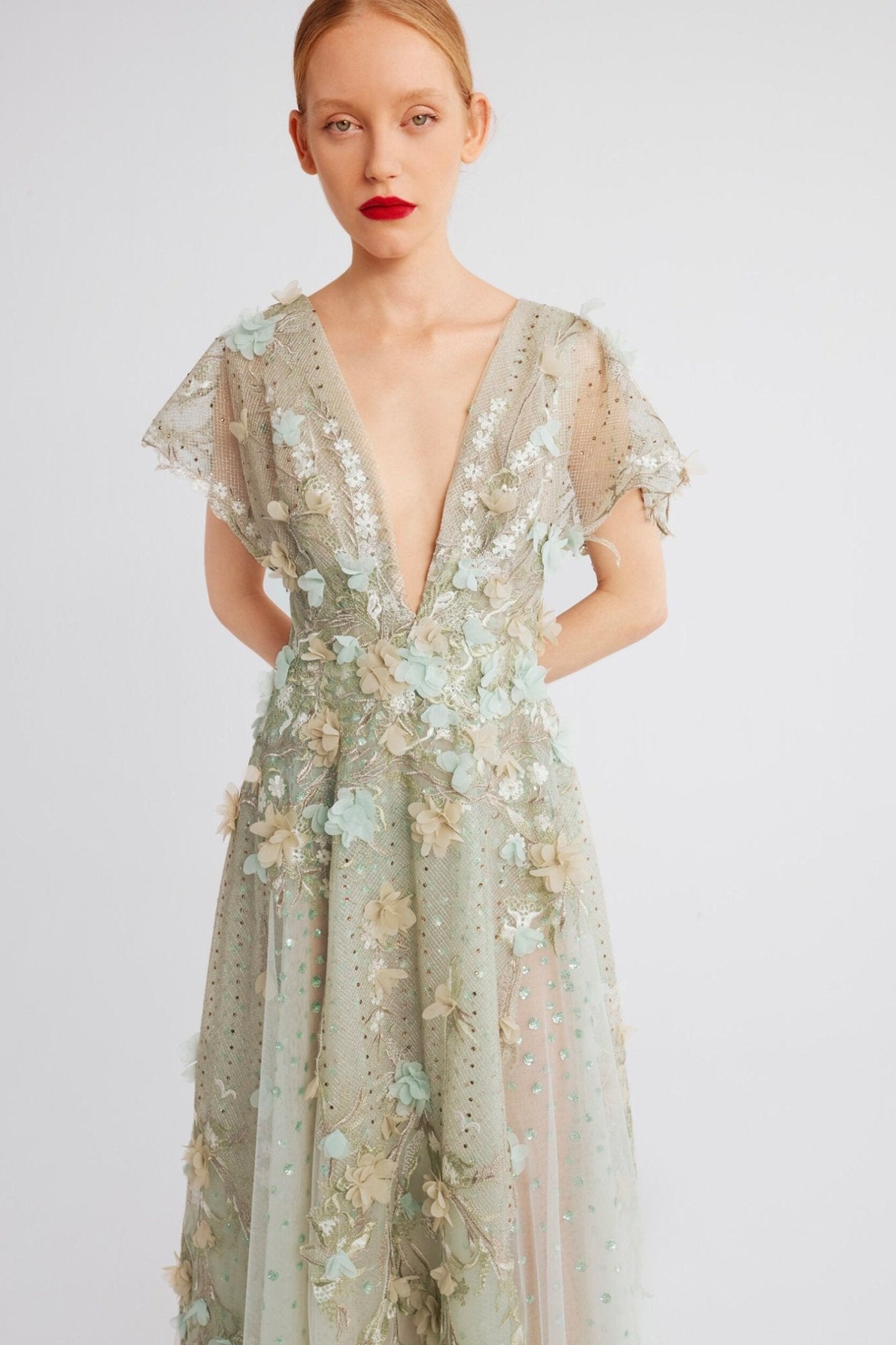 V - Neck Dress with Cape Sleeves and Floral Embellishments - ALBOUSHIYA - district 5 - dubai - riyadh - abaya - dresses - designers - evening wear - luxury - elegance - craftsmanship - gowns - cocktail dresses - collections - georges