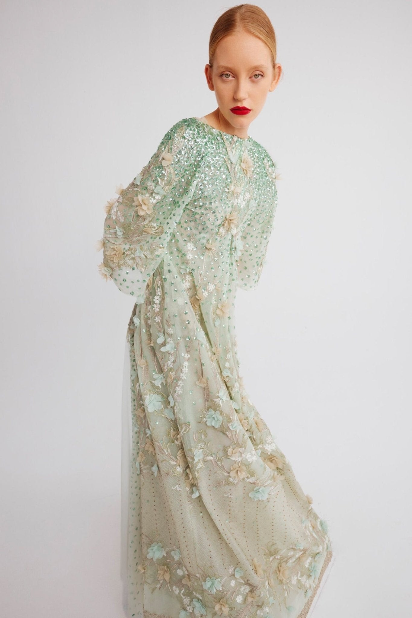 V - Neck Dress with Cape Sleeves and Floral Embellishments - ALBOUSHIYA - district 5 - dubai - riyadh - abaya - dresses - designers - evening wear - luxury - elegance - craftsmanship - gowns - cocktail dresses - collections - georges