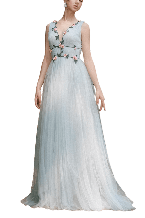 V - neck Flowered Gown - ALBOUSHIYA - district 5 - dubai - riyadh - abaya - dresses - designers - evening wear - luxury - elegance - craftsmanship - gowns - cocktail dresses - collections - georges