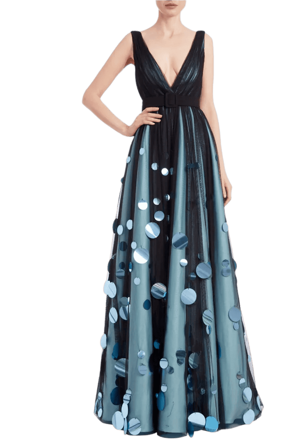 V - neck Oversized Pailletes Gown - ALBOUSHIYA - district 5 - dubai - riyadh - abaya - dresses - designers - evening wear - luxury - elegance - craftsmanship - gowns - cocktail dresses - collections - georges