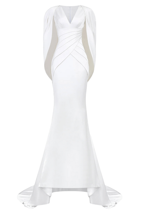 V - Neckline Pleated Mullet Silk Gown - ALBOUSHIYA - district 5 - dubai - riyadh - abaya - dresses - designers - evening wear - luxury - elegance - craftsmanship - gowns - cocktail dresses - collections - georges