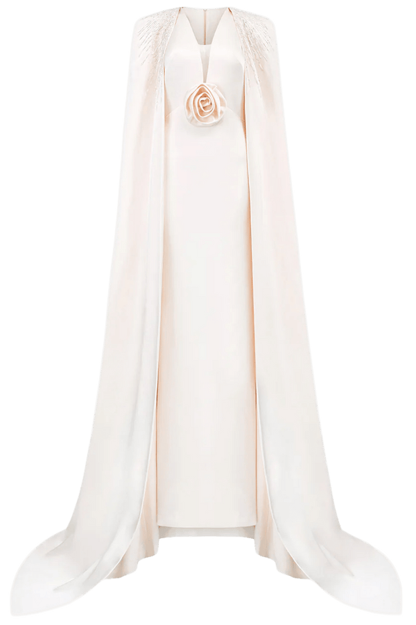 V - Neckline Sleeveless Gown With Long Cape - ALBOUSHIYA - district 5 - dubai - riyadh - abaya - dresses - designers - evening wear - luxury - elegance - craftsmanship - gowns - cocktail dresses - collections - georges