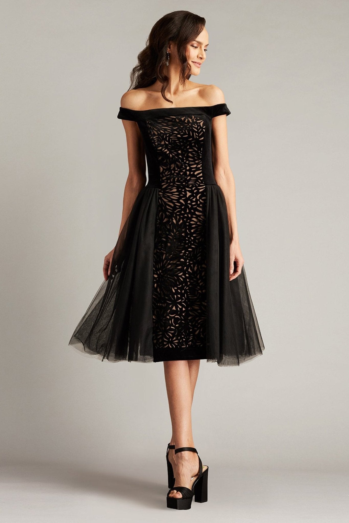 Valencia Laser Cut Velvet & Tulle Dress - ALBOUSHIYA - district 5 - dubai - riyadh - abaya - dresses - designers - evening wear - luxury - elegance - craftsmanship - gowns - cocktail dresses - collections - georges