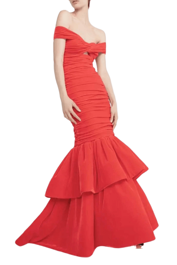 Velvet Off - The - shoulder Draped Trumpet Dress - ALBOUSHIYA - district 5 - dubai - riyadh - abaya - dresses - designers - evening wear - luxury - elegance - craftsmanship - gowns - cocktail dresses - collections - georges