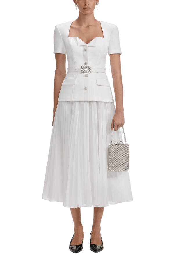 White Crepe Chiffon Midi Dress - ALBOUSHIYA - district 5 - dubai - riyadh - abaya - dresses - designers - evening wear - luxury - elegance - craftsmanship - gowns - cocktail dresses - collections - georges