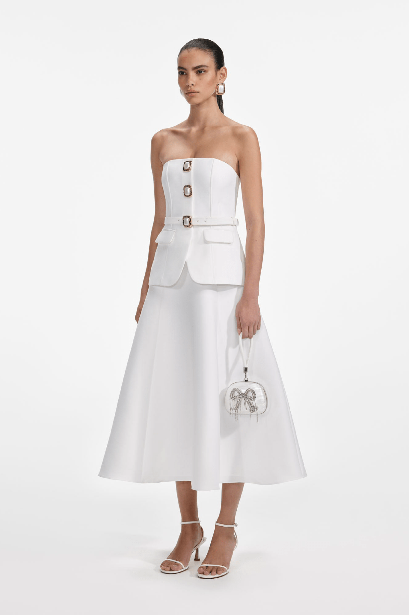 White Taffeta Bandeau Midi Dress - ALBOUSHIYA - district 5 - dubai - riyadh - abaya - dresses - designers - evening wear - luxury - elegance - craftsmanship - gowns - cocktail dresses - collections - georges