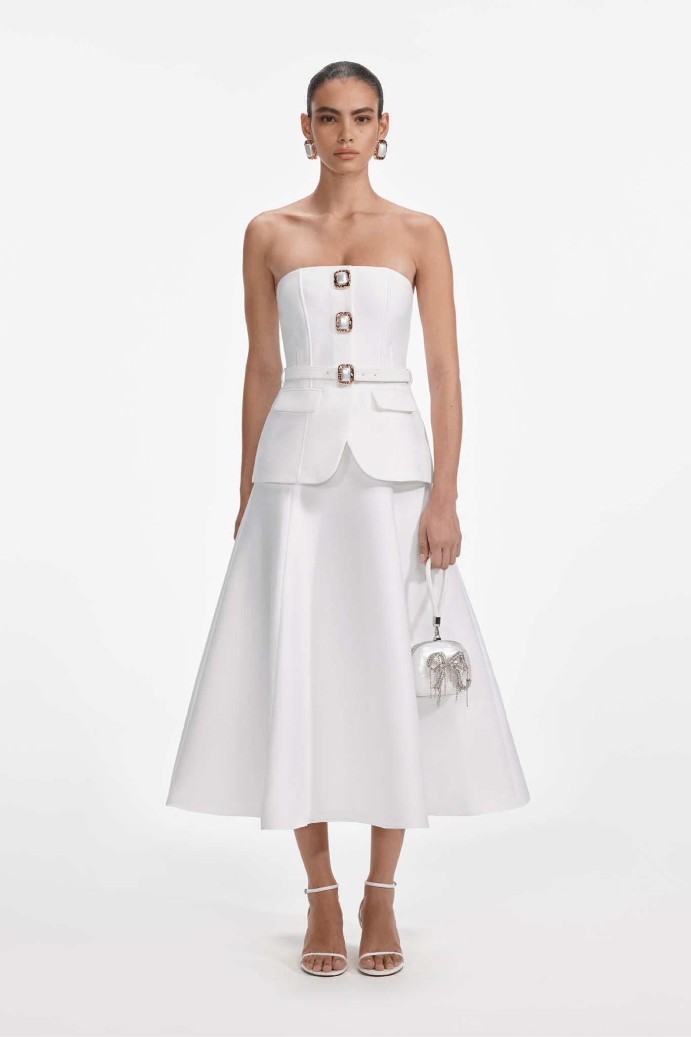 White Taffeta Bandeau Midi Dress - ALBOUSHIYA - district 5 - dubai - riyadh - abaya - dresses - designers - evening wear - luxury - elegance - craftsmanship - gowns - cocktail dresses - collections - georges