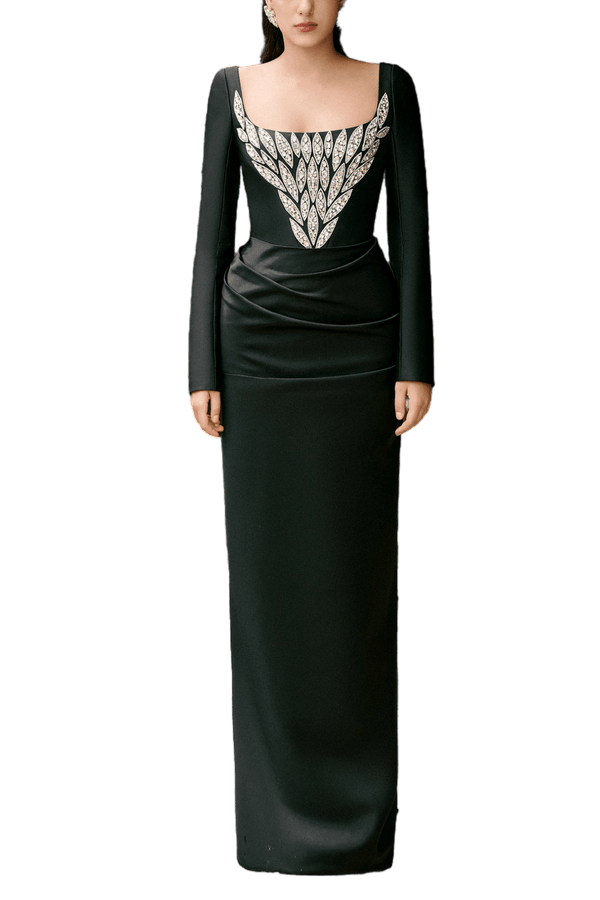 Wren Sheath Square Neck Duchess Satin Floor Length Dress - ALBOUSHIYA - district 5 - dubai - riyadh - abaya - dresses - designers - evening wear - luxury - elegance - craftsmanship - gowns - cocktail dresses - collections - georges
