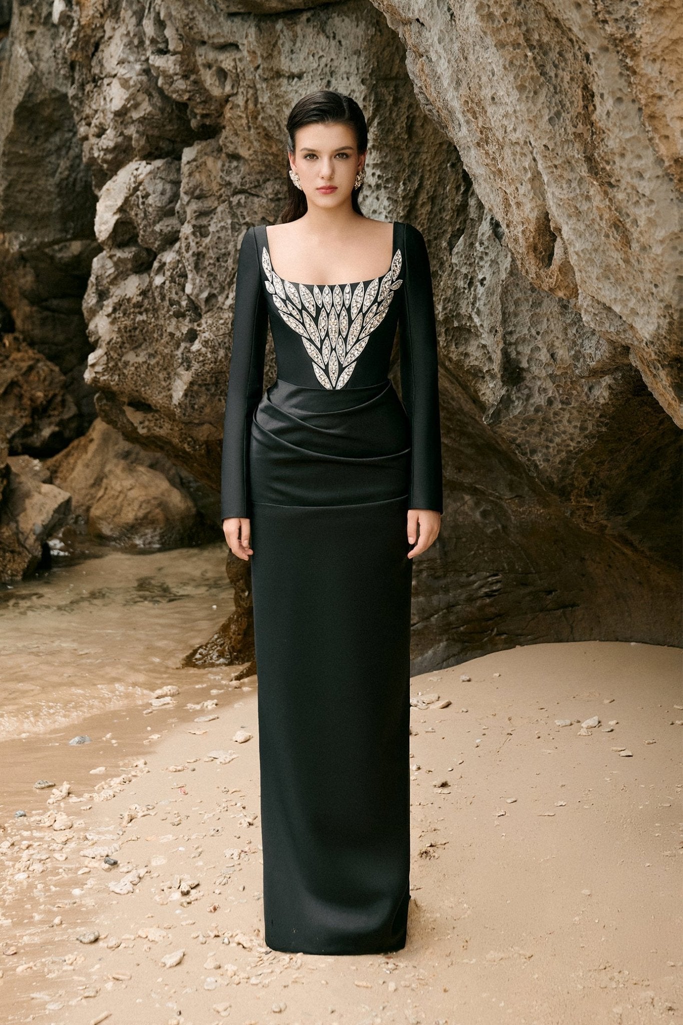 Wren Sheath Square Neck Duchess Satin Floor Length Dress - ALBOUSHIYA - district 5 - dubai - riyadh - abaya - dresses - designers - evening wear - luxury - elegance - craftsmanship - gowns - cocktail dresses - collections - georges