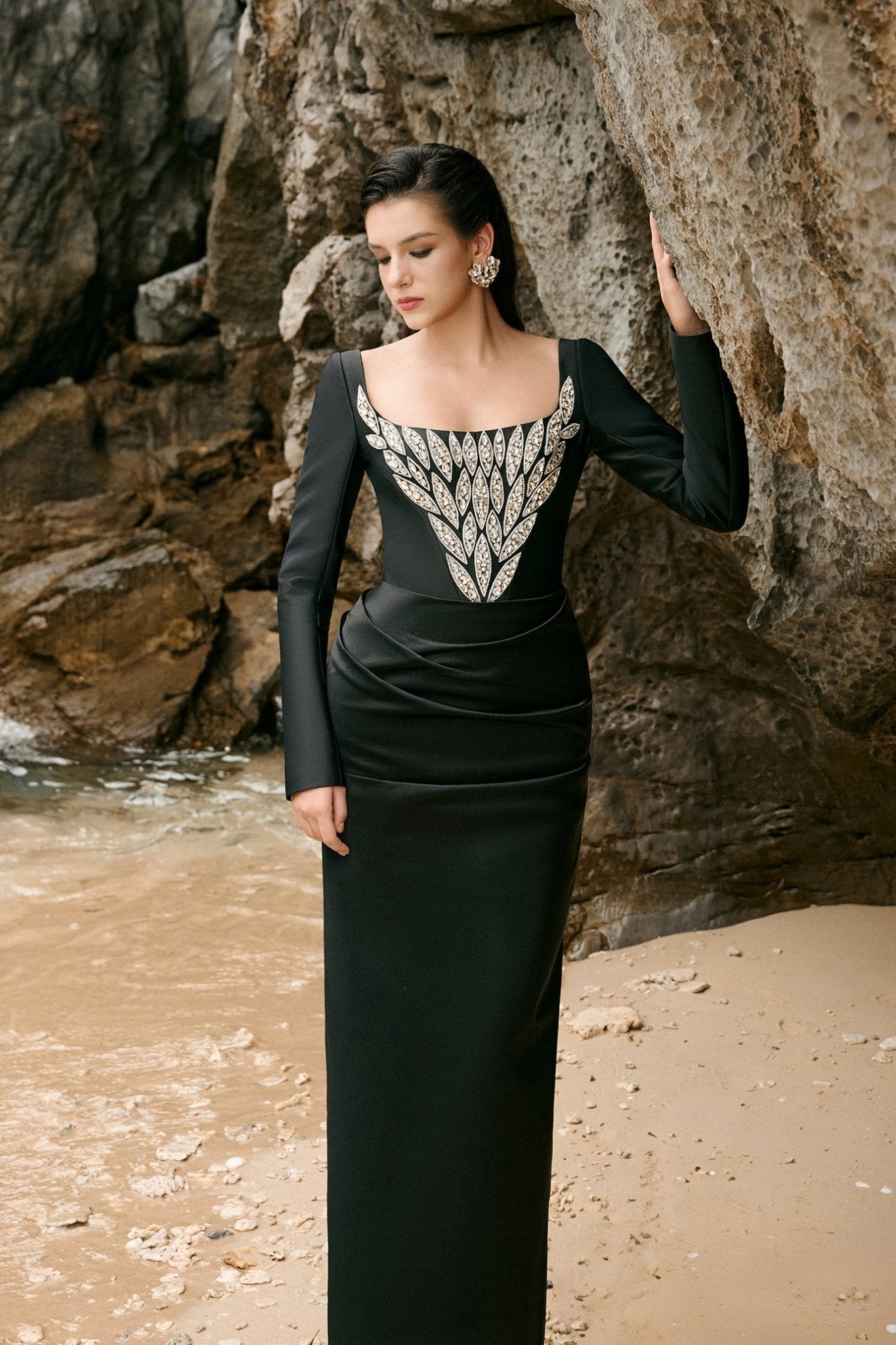 Wren Sheath Square Neck Duchess Satin Floor Length Dress - ALBOUSHIYA - district 5 - dubai - riyadh - abaya - dresses - designers - evening wear - luxury - elegance - craftsmanship - gowns - cocktail dresses - collections - georges