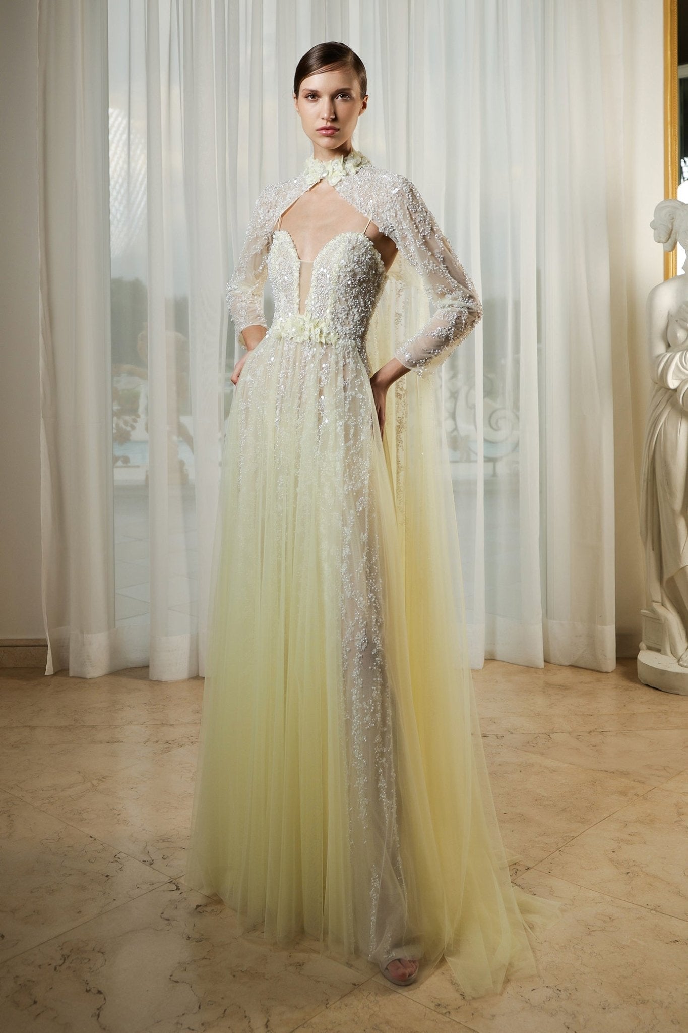 Yellow Cape Gown - ALBOUSHIYA - district 5 - dubai - riyadh - abaya - dresses - designers - evening wear - luxury - elegance - craftsmanship - gowns - cocktail dresses - collections - georges