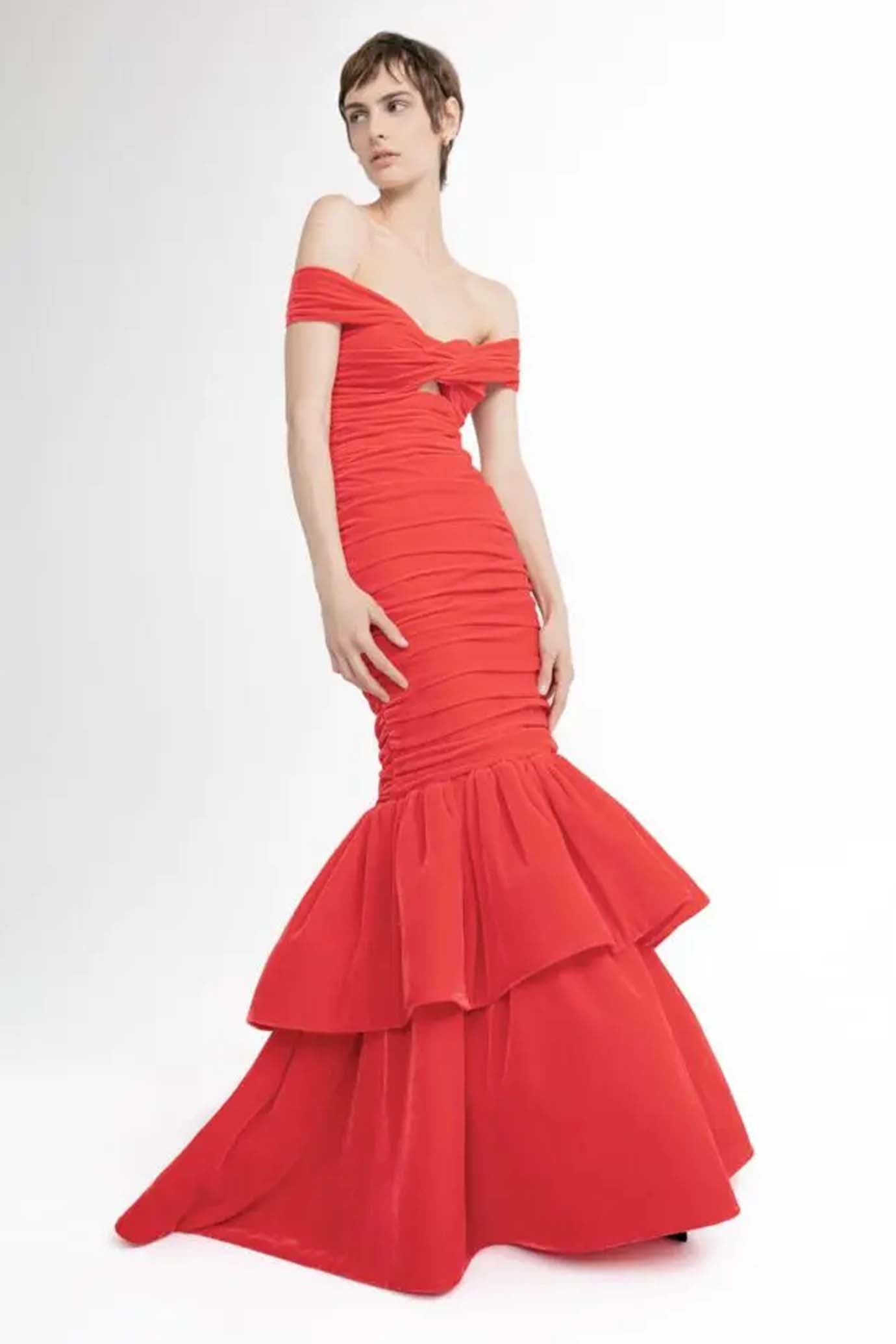 Velvet Off-The-shoulder Draped Trumpet Dress