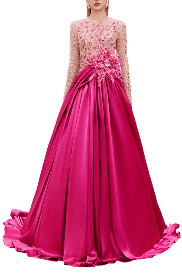 Zoe Ball Gown Sequin Duchess Satin Extra Long Length Dress - ALBOUSHIYA - district 5 - dubai - riyadh - abaya - dresses - designers - evening wear - luxury - elegance - craftsmanship - gowns - cocktail dresses - collections - georges
