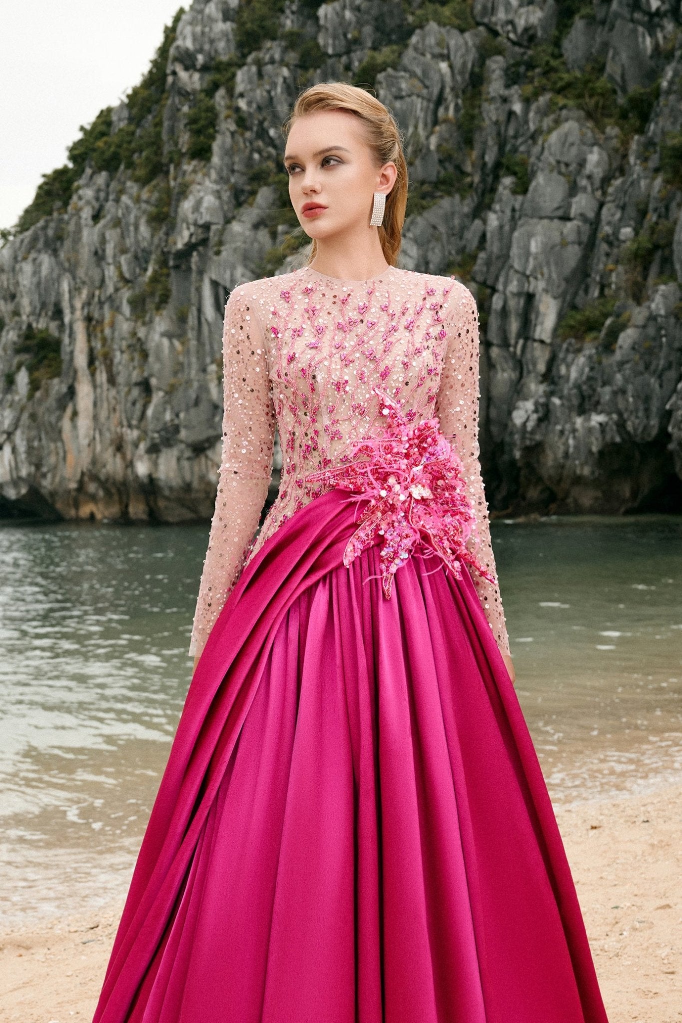 Zoe Ball Gown Sequin Duchess Satin Extra Long Length Dress - ALBOUSHIYA - district 5 - dubai - riyadh - abaya - dresses - designers - evening wear - luxury - elegance - craftsmanship - gowns - cocktail dresses - collections - georges