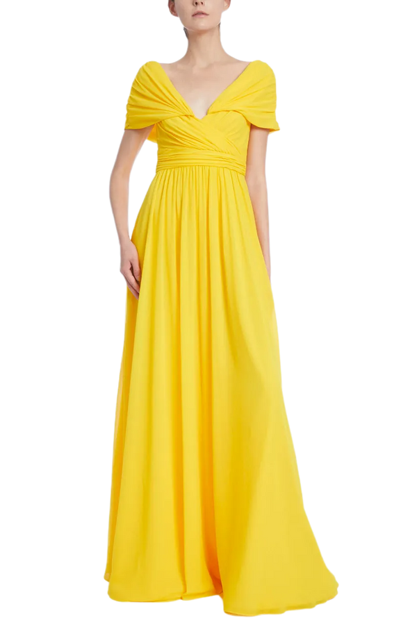 Lemon Pleated Evening Gown with Ruched Bodice