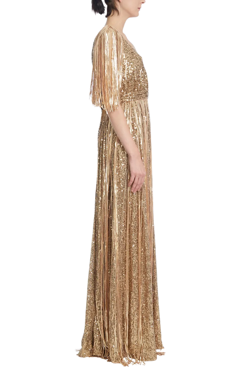 Sequined Evening Gown with Fringes