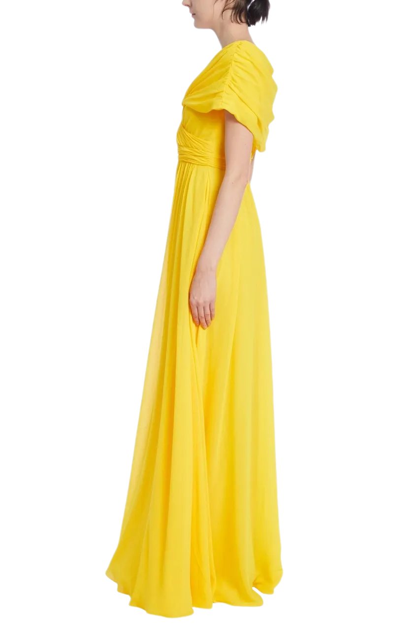Lemon Pleated Evening Gown with Ruched Bodice