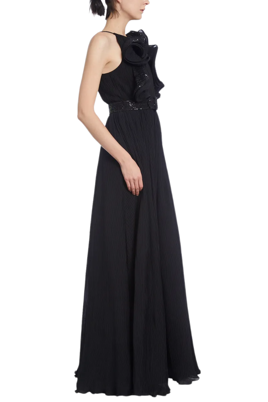 Pleated Evening Gown with Ruffled Halter Neck