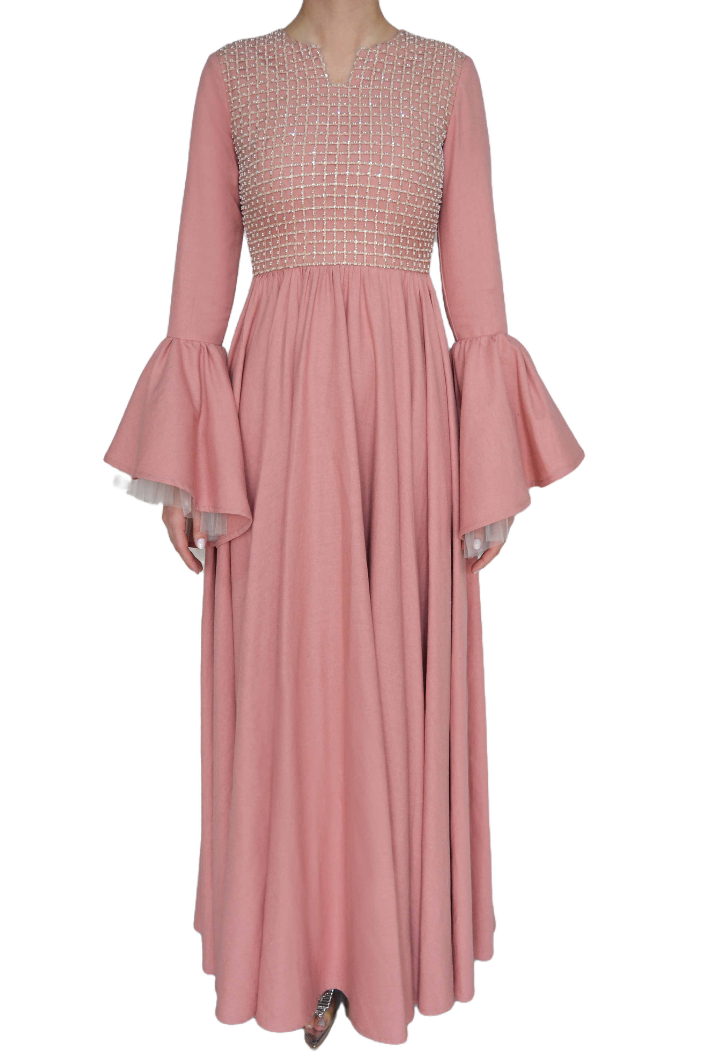 Linen Caftan with Grid Embroidery