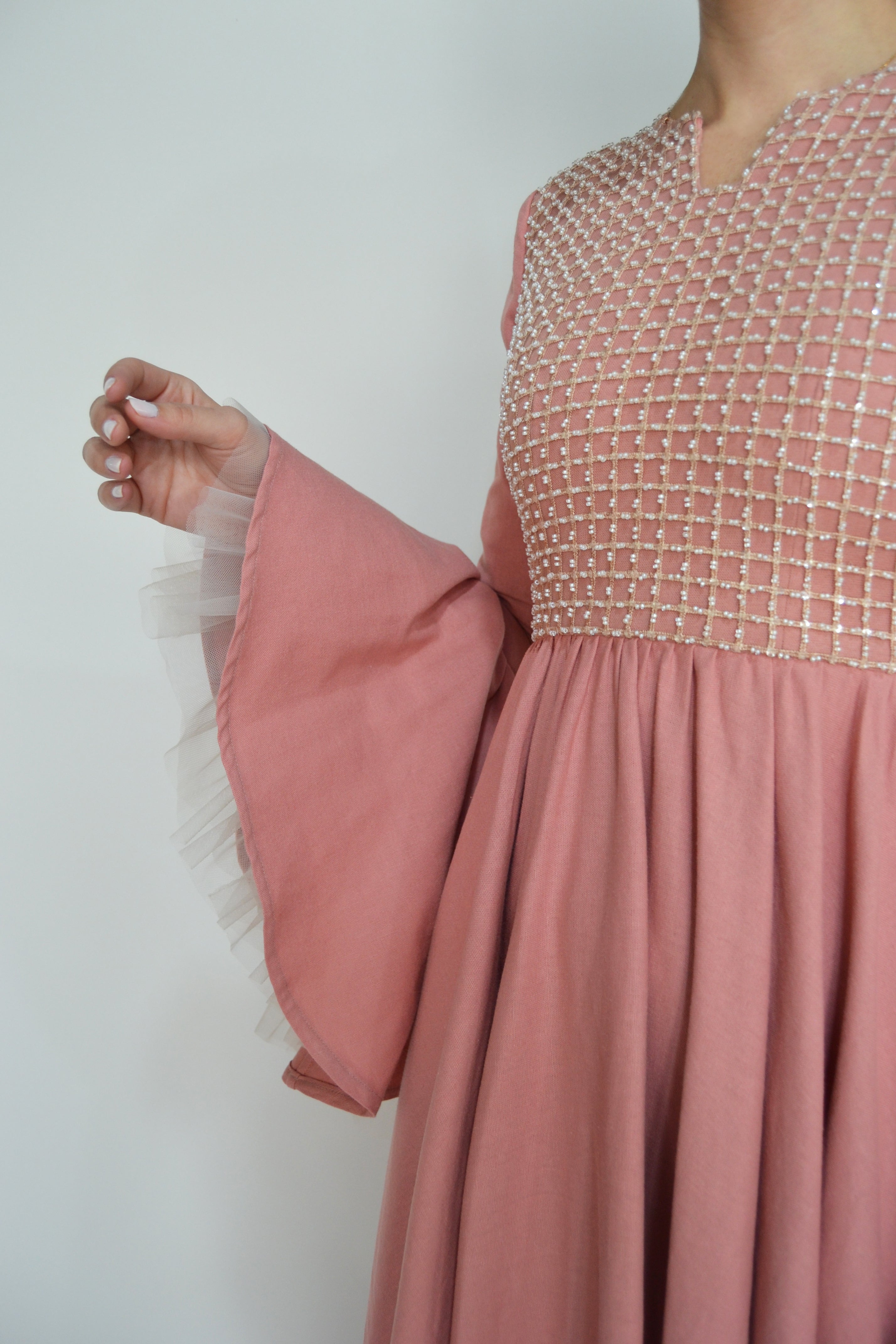 Linen Caftan with Grid Embroidery