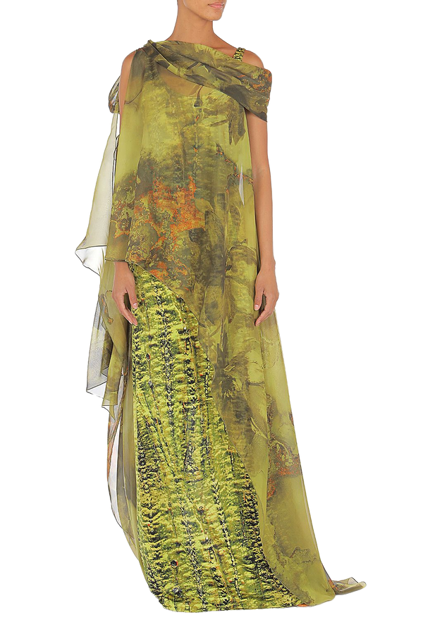 Abstract Print Cape Detail Maxi Dress