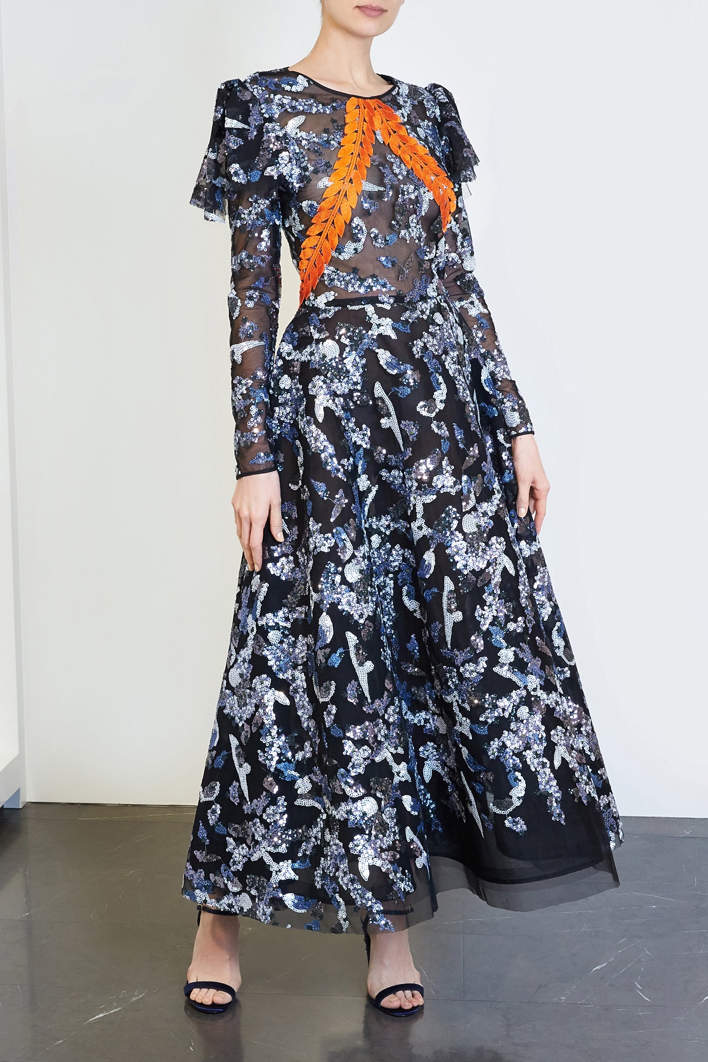 Sequin Embroidered Long Sleeve Gown