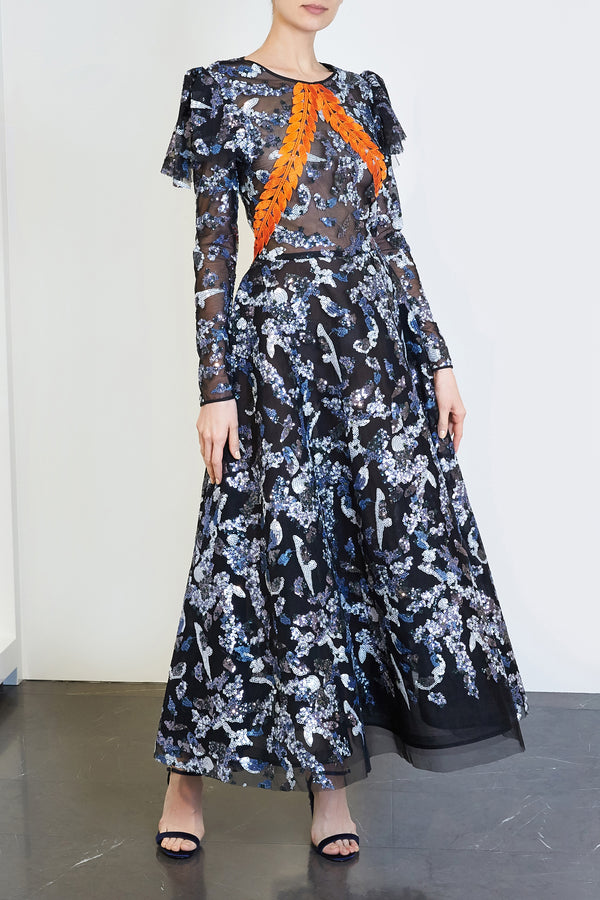 Sequin Embroidered Long Sleeve Gown