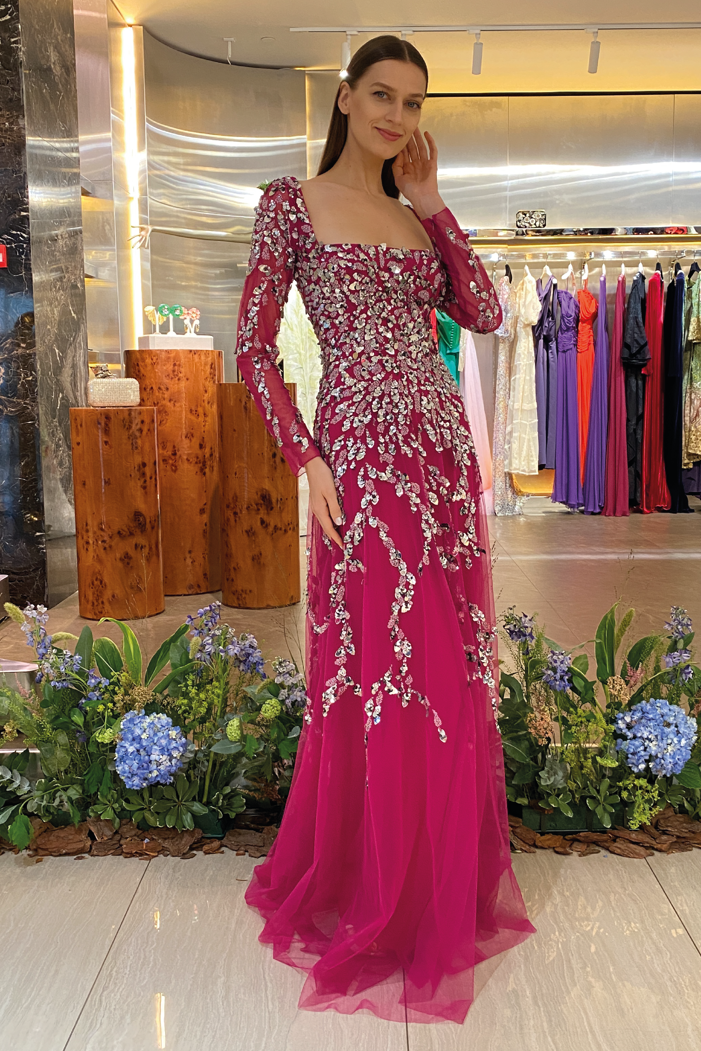 Long Sleeve Beaded Gown