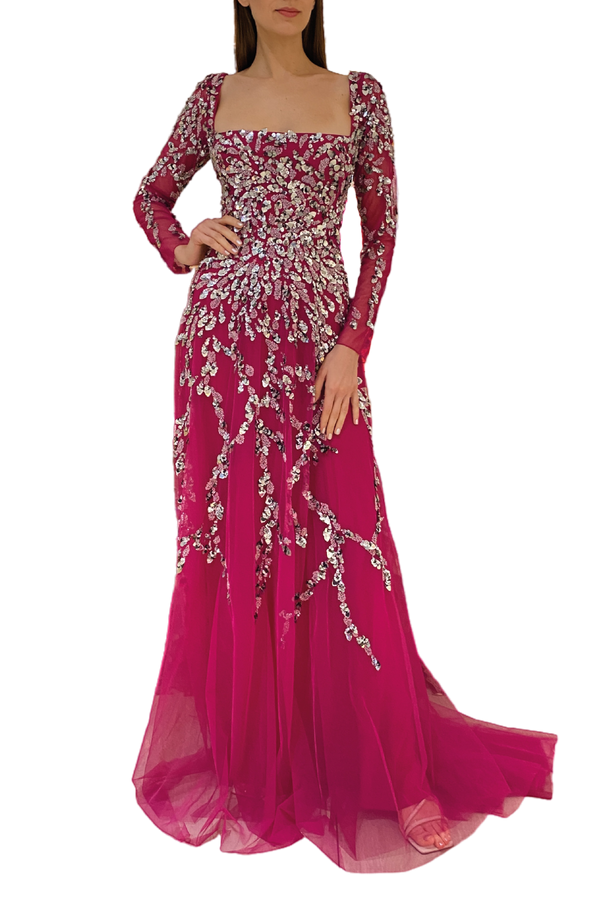 Long Sleeve Beaded Gown