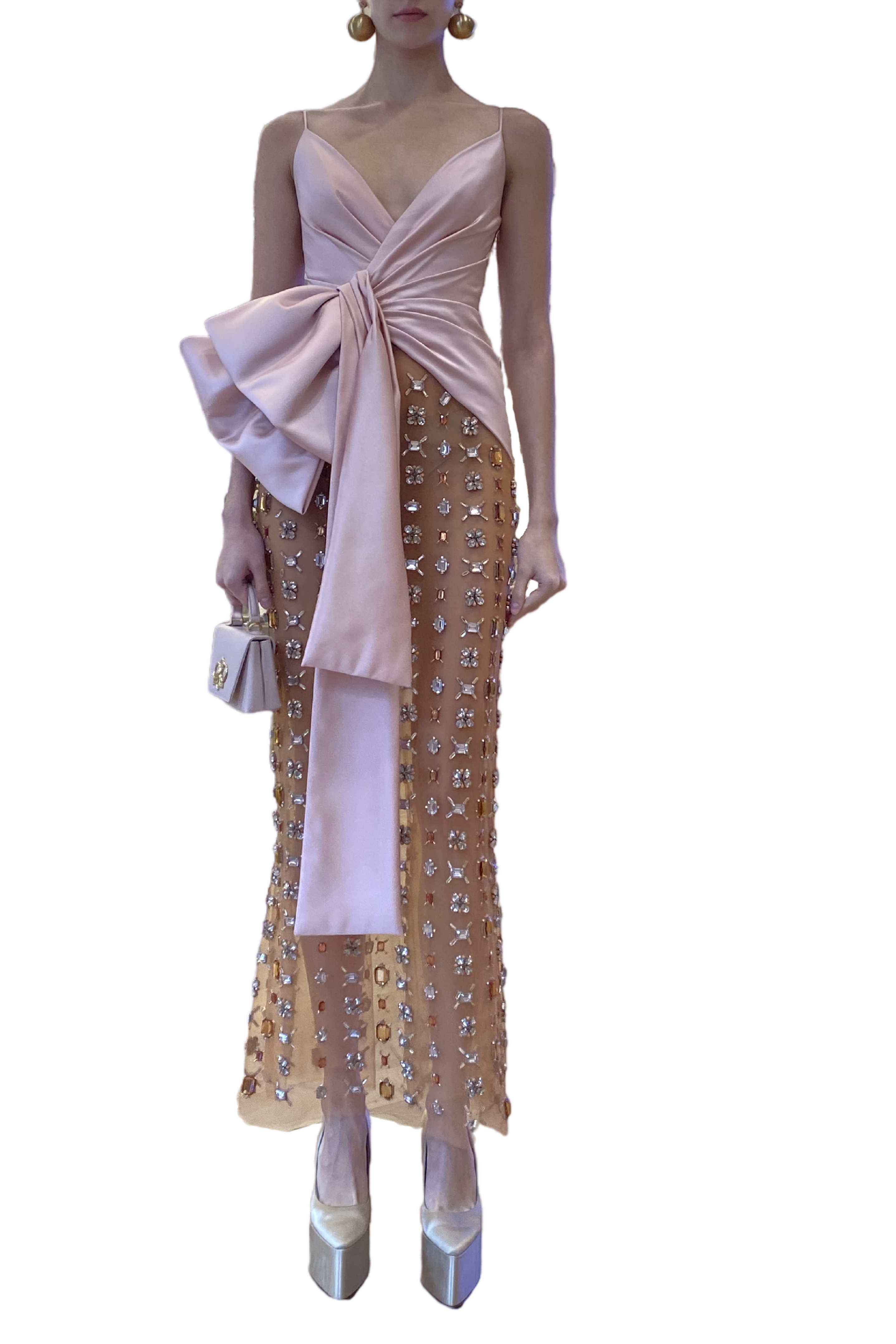 Dress with Draped Satin Duchesse Bodice & Beaded Tulle Skirt