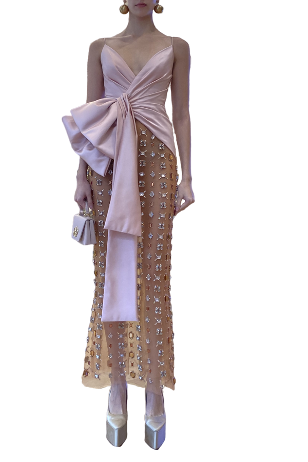 Dress with Draped Satin Duchesse Bodice & Beaded Tulle Skirt