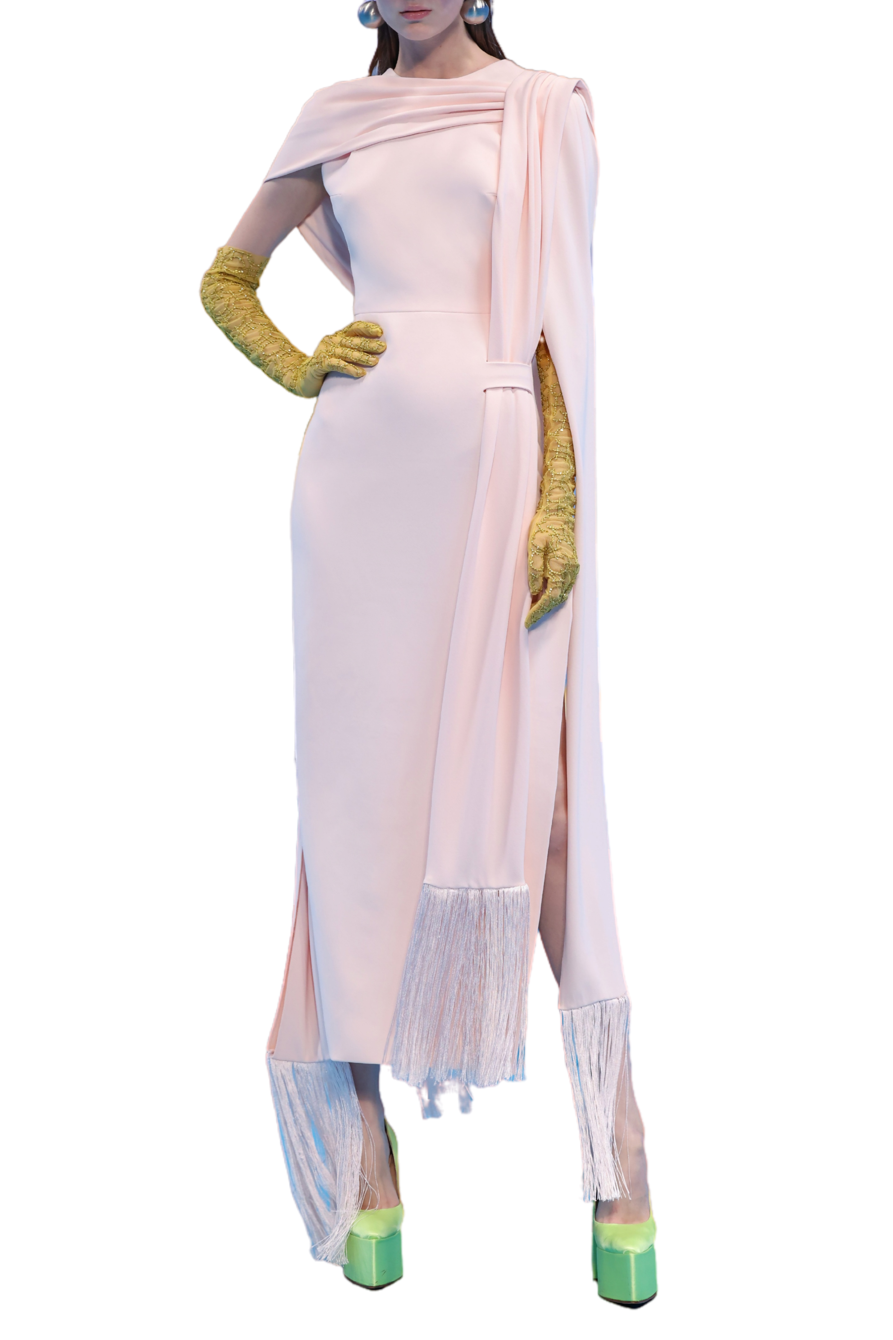 Crepe Dress with Shawl & Fringes