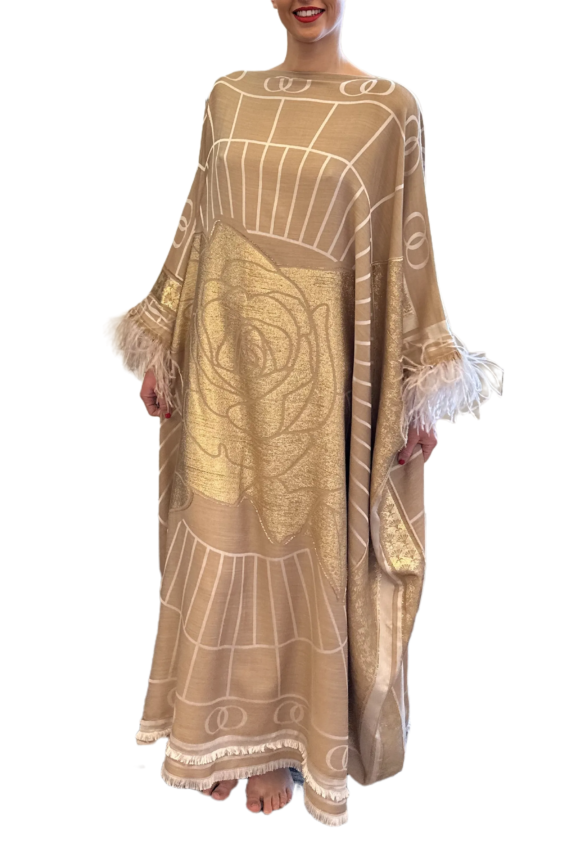 Leila Silk Jacquard Caftan in Beige