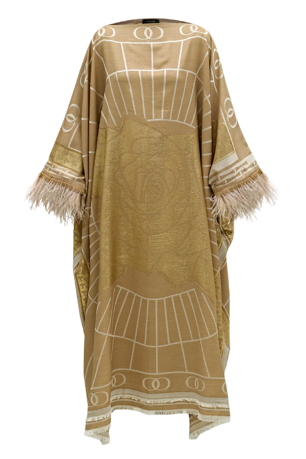 Leila Silk Jacquard Caftan in Beige