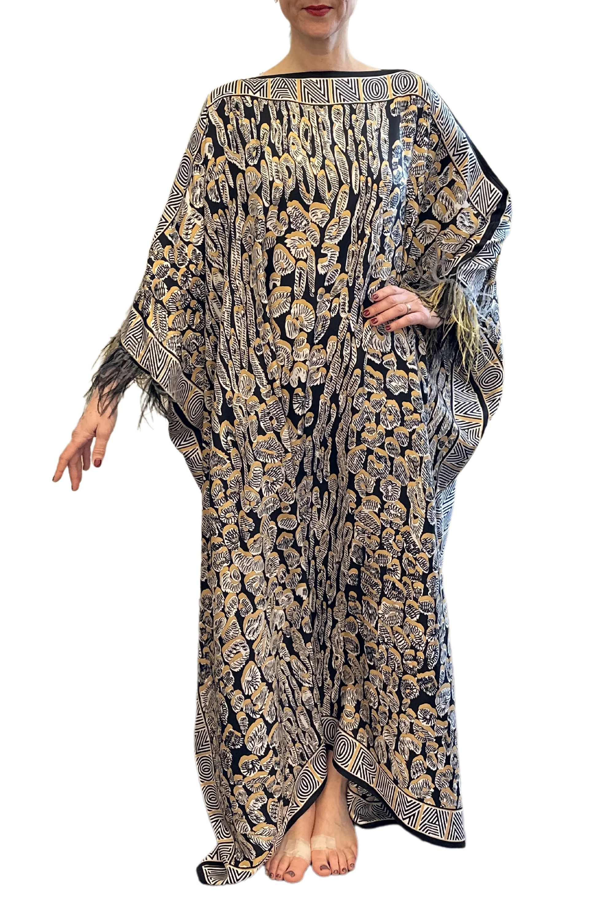 Gold Leopard of the East Caftan with Feathered Cuffs
