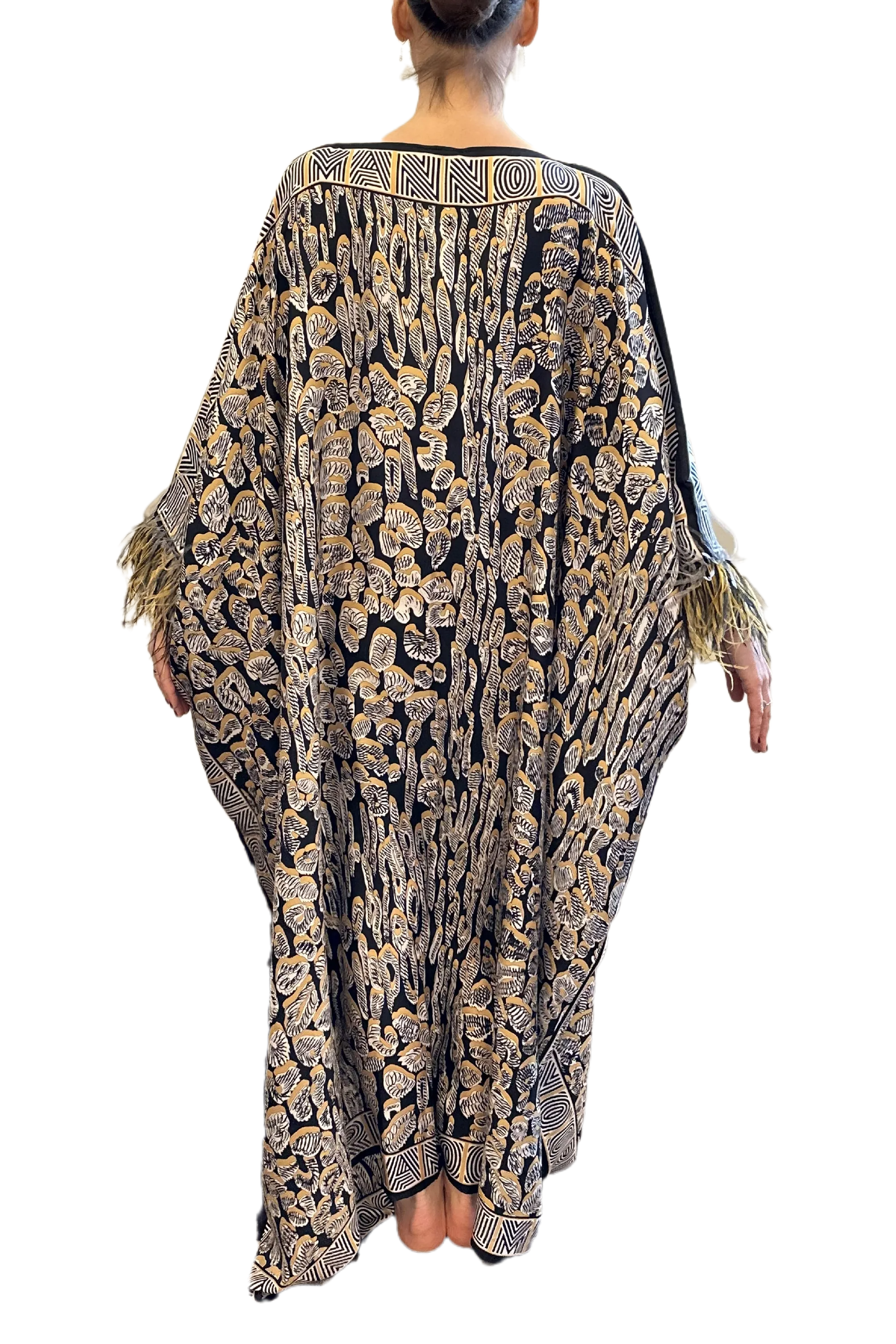 Gold Leopard of the East Caftan with Feathered Cuffs